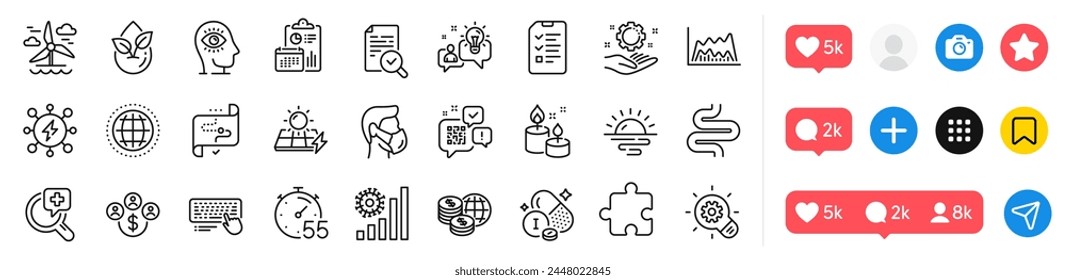 Organic product, Qr code and Windmill line icons pack. Social media icons. Coronavirus statistics, Intestine, Power web icon. Medical analyzes, World money, Puzzle pictogram. Vector