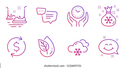 Organic product, Safe time and Dollar exchange line icons set. Text message, Bumper cars and Santa sack signs. Snow weather, Smile chat symbols. Leaf, Hold clock. Business set. Vector