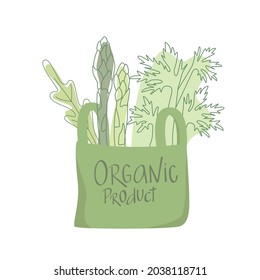 Organic Product Sign On Eco Shopping Paper Bag With Vegetables Outline Flat Illustration. Zero Waste, Plastic Free, Bio Market Concept. Vector Stock Illustration Isolated On White Background.