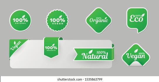 Organic product stickers, labels vector templates set. 100 percent vegan, natural patches pack on grey background. Ecological concept, go green. Healthy lifestyle advertisement collection