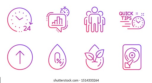 Organic product, Swipe up and 24 hours line icons set. No alcohol, Group and Statistics timer signs. Quick tips, Hdd symbols. Leaf, Scroll screen. Science set. Gradient organic product icon. Vector