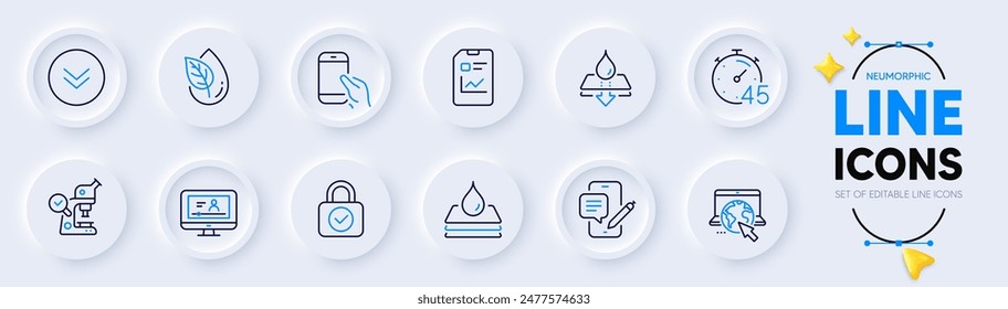 Iconos de línea de chat de productos orgánicos, temporizador y teléfono para App de Web. Video Paquete de microscopio, en línea Documento de informe, Impermeable, Sostenga las señales del smartphone. Desplácese hacia abajo. Vector