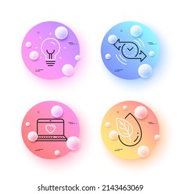 Organic product, Timer and Web love minimal line icons. 3d spheres or balls buttons. Energy icons. For web, application, printing. Leaf, Stopwatch, Social network. Lightbulb. Vector