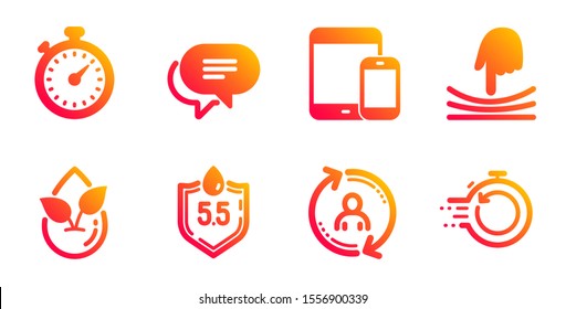Organic product, User info and Elastic line icons set. Mobile devices, Text message and Ph neutral signs. Timer, Fast recovery symbols. Leaf, Update profile. Technology set. Vector