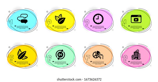 Organic product, Video content and Pie chart signs. Timeline infographic. Buildings, Talk bubble and Money currency line icons set. Sunflower seed, Time symbols. Vector