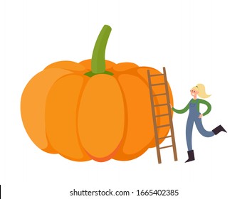 Dibujo orgánico ilustrado vectorial con una diminuta mujer parada en las escaleras cerca de la calabaza aislada en blanco. Pequeño granjero de estilo moderno con gran uso de verduras para afiche, sitio web, folleto