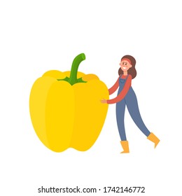 Organic production cartoon vector illustration with tiny woman holding sweet yellow pepper isolated on white. Tiny farmer in modern style with big vegetable