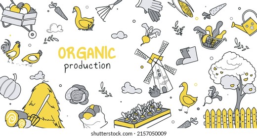 Organic production concept for banner design with flat line doodle pattern. Hand drawing texture with farm, garden, tree, harvest, mill, chicken, watering can, wheelbarrow. Vector illustration for web