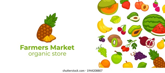 Organic production and fresh ingredients, vegetables and fruits. Papaya and pineapple, watermelon and grapes, kiwi and cherry. Website banner or online page in internet. Vector in flat style