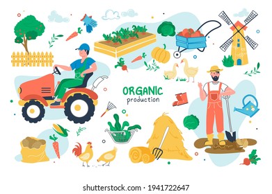 Organic production set isolated elements. Farmers engaged in agriculture and animal husbandry. Farm symbols bundle - harvest, fruits, vegetables, gardening. Vector illustration in flat cartoon design