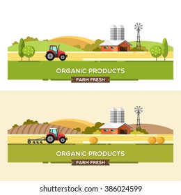 Organic products. Agriculture and Farming. Agribusiness. Rural landscape. Design elements for info graphic, websites and print media. Vector illustration.