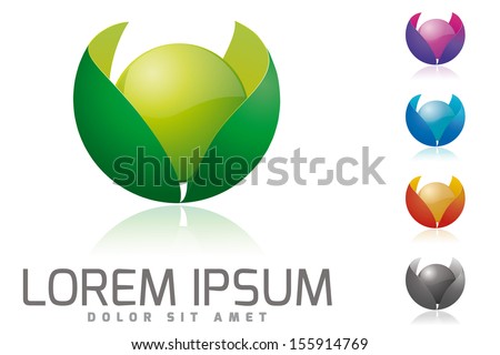 Organic products company vector logo design template. Glossy sphere surrounded by leaves vector illustration