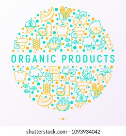 Organic products concept in circle with thin line icons set: corn, peas, raw cafe, broccoli, grapes, sprouts, seaweed, watermelon. strawberry. Modern vector illustration for vegetable shop.