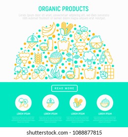 Organic products concept in half circle with thin line icons set: corn, peas, raw cafe, broccoli, grapes, sprouts, seaweed, watermelon, bananas, fresh juice. Vector illustration for vegetable shop.