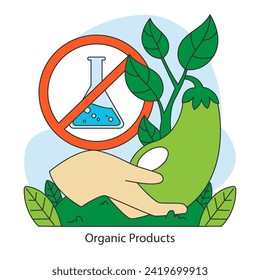 Organic Products concept. Highlights the avoidance of synthetic chemicals in agriculture. Supports natural farming methods. Flat vector illustration.