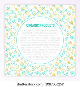 Organic products concept with thin line icons: corn, peas, raw cafe, broccoli, grapes, sprouts, seaweed, watermelon, bananas, fresh juice. strawberry. Modern vector illustration for vegetable shop