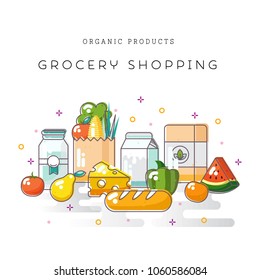 Organic products design concept in the flat style. Trendy vector design with fresh food, vector illustration. Grocery shopping set, line work design. Fresh vegetables, fruits. BIO products set.