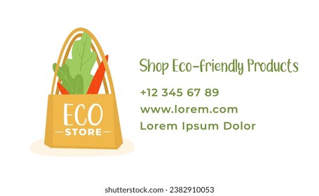 Organic products and eco friendly goods for home and living. Shop and stores with tote bags from recyclable textile. Business or visiting card, advertisement and branding. Vector in flat style