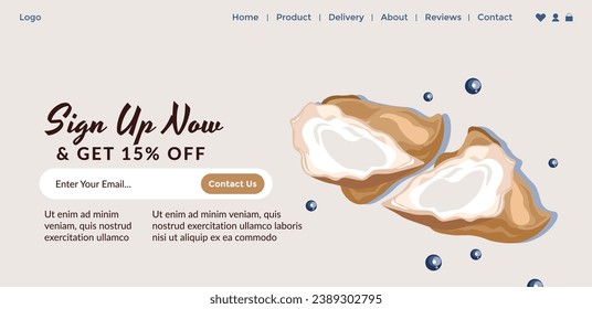 Organic products for healthy eating. Source of protein, vitamins and minerals. Guarantee quality on seafood oysters with discount. Website landing page template, online site. Vector in flat style
