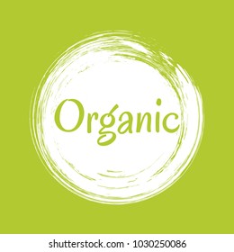 Organic products icon, food package label vector graphic design. White organic food logo, no chemicals sign, round stamp isolated clip art, circle tag organic farming label or sticker vector emblem.