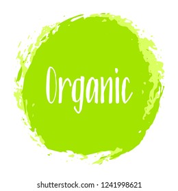 Organic products icon, food package label vector graphic design. Organic food logo, no chemicals sign, round stamp isolated clip art, circle tag organic farming label or sticker vector emblem isolated