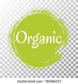 Organic products icon, food package label vector graphic design. Organic food logo, no chemicals sign, round stamp isolated on transparent, circle tag organic farming label, sticker vector emblem.