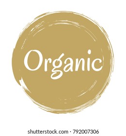 Organic Products Icon, Food Package Label Vector Graphic Design. Organic Food Logo, No Chemicals Sign, Brown Round Stamp Isolated Clip Art, Circle Tag Organic Farming Label Or Sticker Vector Emblem.