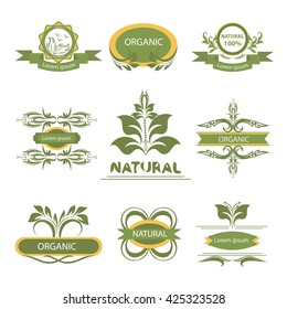 Organic products, isolated labels, logo, elements flora, set for food and drink, restaurants. Vector Illustration