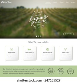 Organic products label. Green agricultural blurred background. One page Website template, web shop and other elements for your design.