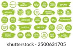 Organic products label. Set of green brush badges for healthy food. Organic, bio, vegan, raw, healthy food, sugar free, fresh grunge badges collection