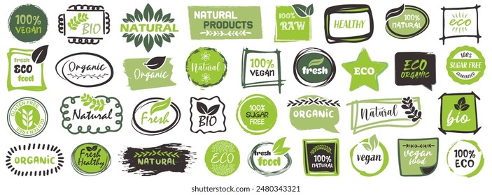 Organic products label. Set of green brush badges for healthy food. Organic, bio, vegan, raw, healthy food, sugar free, fresh grunge badges collection