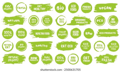 Organic products label. Set of green brush badges for healthy food. Organic, bio, vegan, raw, healthy food, sugar free, fresh grunge badges collection