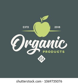 Organic products logotype template. Food shop advertising sign. Green apple icon. Vector vintage illustration.