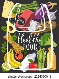 Organic products in package bag. Vegetables, bread, fruit