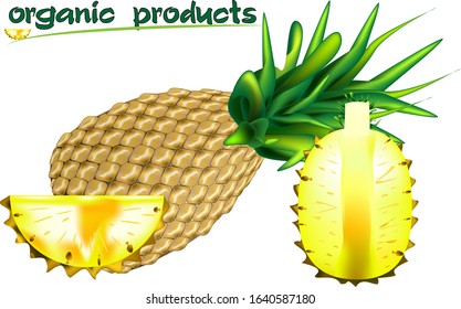 organic products, pineapple, whole with green leaves, a quarter and a half