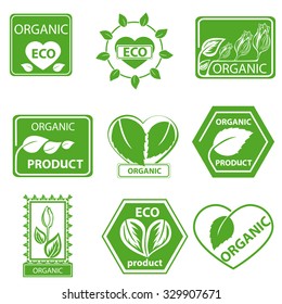 Organic products, quality mark, leaflet logo, labels, set for food and drink, restaurants. Vector illustration Isolated