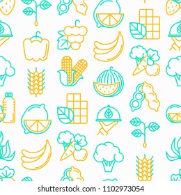  Organic products seamless pattern with thin line icons: corn, peas, raw cafe, broccoli, grapes, sprouts, seaweed, watermelon, bananas, fresh juice. strawberry. Modern vector illustration.