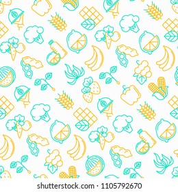 Organic products seamless pattern with thin line icons: corn, peas, raw cafe, broccoli, grapes, sprouts, seaweed, watermelon, fresh juice. strawberry. Modern vector illustration for vegetable shop.