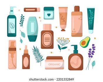 Productos orgánicos para ilustraciones de vectores planos de cuidado de la piel. Colección de dibujos de tubos, botellas y tarros de crema natural aislados en fondo blanco. Cuidado de la piel, cosméticos, concepto de belleza