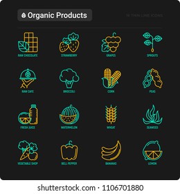 Organic products thin line icons set: corn, peas, raw cafe, broccoli, grapes, sprouts, seaweed, watermelon, bananas, fresh juice. strawberry. Modern vector illustration for vegetable shop.