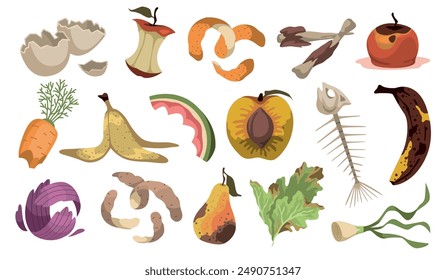 Organic products waste. Recycling natural trash, rotting vegetables and fruits, raw materials for compost, peeling, spoiled food, fish skeleton, cartoon flat isolated tidy vector set