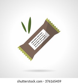 Organic protein bar with carob, chocolate or cereals. Healthy nutrition. Vegan menu. Vector icon flat color style. Web design element for site, mobile and business.
