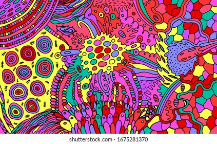 Organic psychedelic colorful pattern. Multicolor stoner illustration. Waterdrops and plants elements. Zendoodle art for relaxation. Vector artwork.