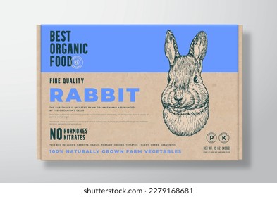 Organic Rabbit Meat. Vector Food Packaging Label Design on a Craft Cardboard Box Container. Modern Typography and Hand Drawn Domestic Animal Head Background Layout