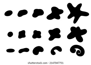 Formas aleatorias orgánicas. Mancha orgánica irregular, piedra o manchas negras. Siluetas abstractas de guijarros, manchas y manchas de tinta. Sencillos elementos de humedecimiento líquido forman el agua. Burbuja mínima del vector.