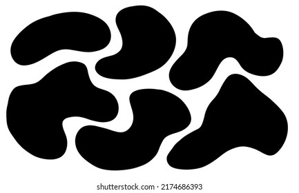 Punto aleatorio orgánico. Formas irregulares abstractas orgánicas, gotas de piedra o negras. Siluetas abstractas de guijarros, manchas y manchas de tinta. Sencillos elementos de humedecimiento líquido forman el agua. El vector de las acciones es una burbuja mínima.