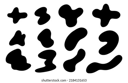 Punto aleatorio orgánico. Formas irregulares abstractas orgánicas, gotas de piedra o negras. Siluetas abstractas de guijarros, manchas y manchas de tinta. Sencillos elementos de humedecimiento líquido forman el agua. Burbuja mínima del vector.