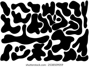 Manchas orgánicas al azar. Patrón de vaca abstracto sin fisuras. Textura de Vector simple con estilo. Abstractas siluetas de guijarros, manchas y manchas de tinta. Fondo, Fondo de pantalla, tela, textil, impresión dálmata, patrón