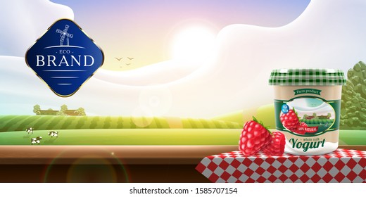 Organic raspberry Yogurt packaging standing on a red napkin ad with logo on shiny farm background, vector banner illustration for farm milk or yogurt product branding or ad design