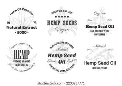 Organic raw hemp monochrome emblem set vector illustration. Cannabis herbal seeds oil nutrition natural supplement health care ingredient for food and cosmetic craft engraved black label